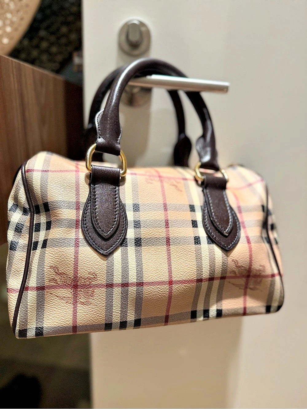 Burberry Haymarket Check Bowling Bag in Beige & Black